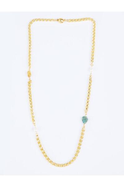 Jimmy Key Gold Color Natural Stone Detailed Adjustable Charm Necklace