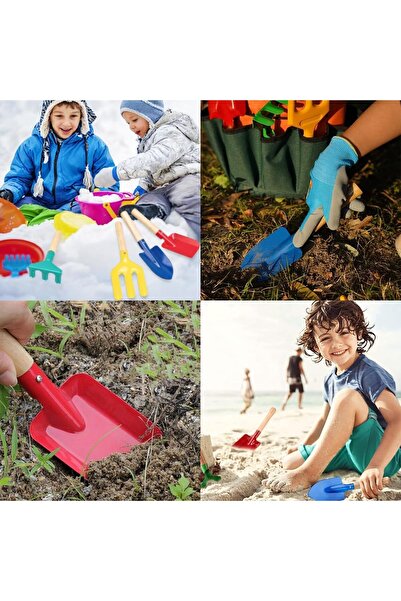 erorex Kids Gardening Set Sturdy Wooden Handle 5 Pcs Beach Sand Tools: Spoon Fork Rake Flat Shovel Pointed