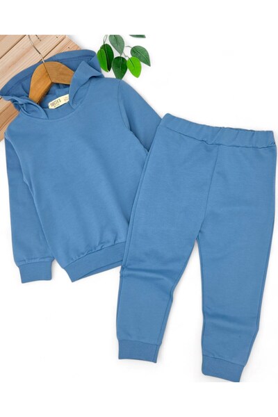VOY KİDS Boy's 100% Cotton Hooded Basic Tracksuit Set 2-3 -4-5-6 Years Old Blue