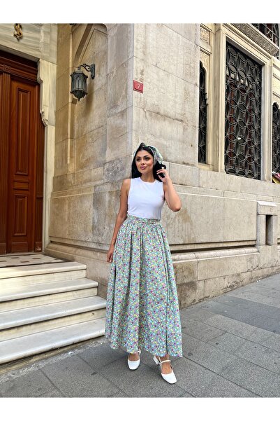 KÜÇÜĞÜM BUTİK Fusta poplin evazată cu flori verde mentă
