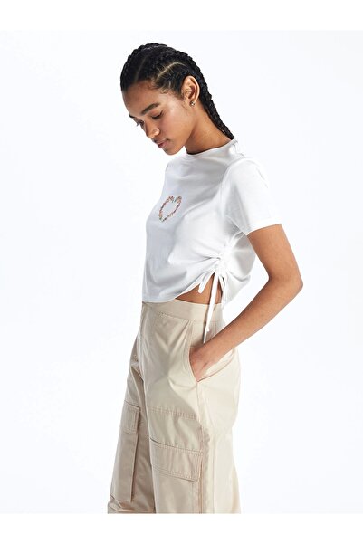 LC Waikiki Crop XSIDE alb cu mânecă scurtă imprimat cu decolteu pentru femei