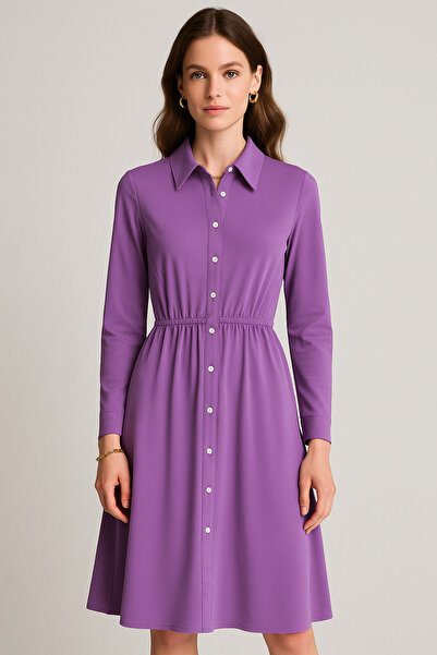 Rich Women's Purple Buttoned Long Sleeve Midi Shirt Dress