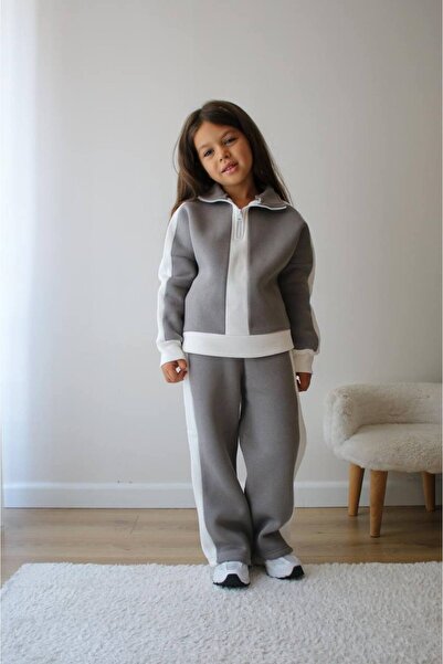 Lolliboomkids Girl's 3-Thread Ribbed White Striped Top and Bottom Set with Half Zipper Collar