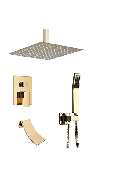BisDesign Sistem de duș încorporat, finisaj auriu lucios, funcție cascadă, cap de duș de tavan 30 cm