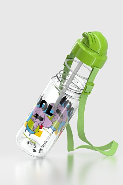 Renga Migo Kral Şakir Patterned 500 ml Tritan Children's Water Bottle with Hanging Strap and Straw 222027 Green