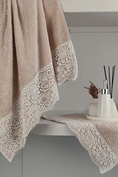 Sevim Guipure Lace Bath Towel Set - 100% Cotton Bath Set - Bridal Towel - Powder
