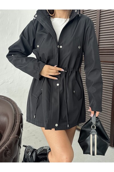 NOA LİNE Women's Water Resistant Trench Coat Hooded Plaid Bonded Fabric Trench Coat