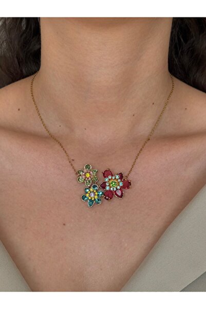h&b design jewel Çelik Gold 3 Çiçekli Kolye