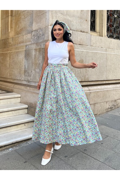 KÜÇÜĞÜM BUTİK Fusta poplin evazată cu flori verde mentă