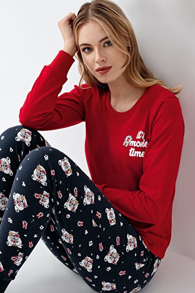 Rolypoly Kadın Kırmızı Popcorn Baskılı Aile Pijama Takımı