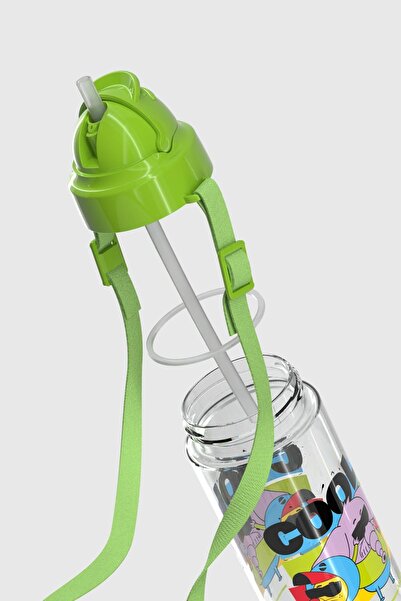 Renga Migo Kral Şakir Patterned 500 ml Tritan Children's Water Bottle with Hanging Strap and Straw 222027 Green