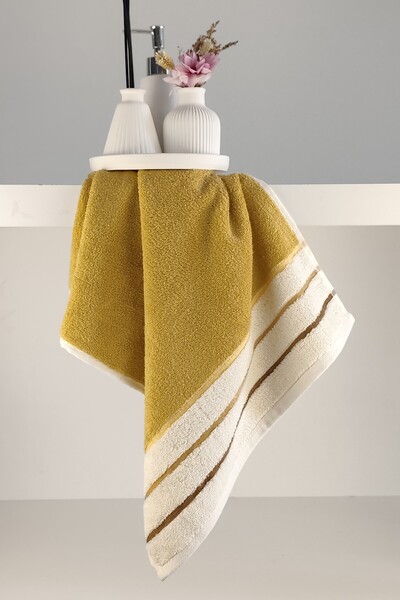 Sevim Yarn Dyed Tip Striped Hand and Face Towel - High Water Absorbency - 100% Cotton - 45X85 cm - Mustard