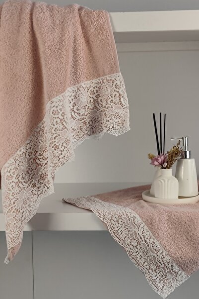 Sevim Guipure Lace Bath Towel Set - 100% Cotton Bath Set - Bridal Towel - Dusty Rose