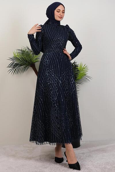 GİYZAMİLA Ezna Silvery Evening Dress Navy Blue