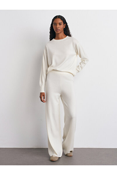 Dilvin 70163 Beli Lastikli Yünlü Triko Pantolon-Ekru