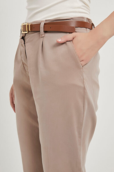 Arma Life Women's Belted Basic High Waist Brown Carrot Pants