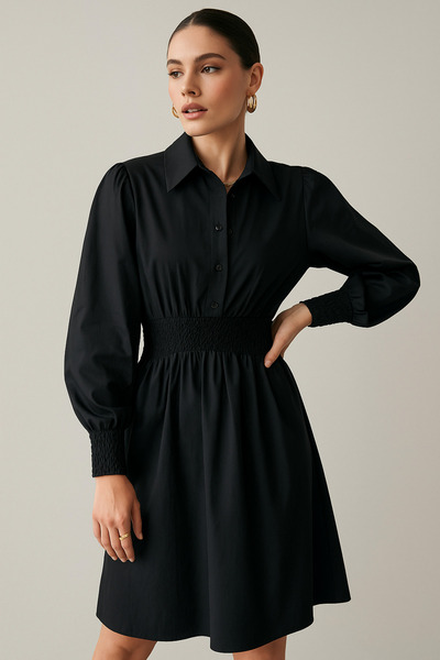 Rich Women's Black Long Sleeve Buttoned Dress with Elastic Waist