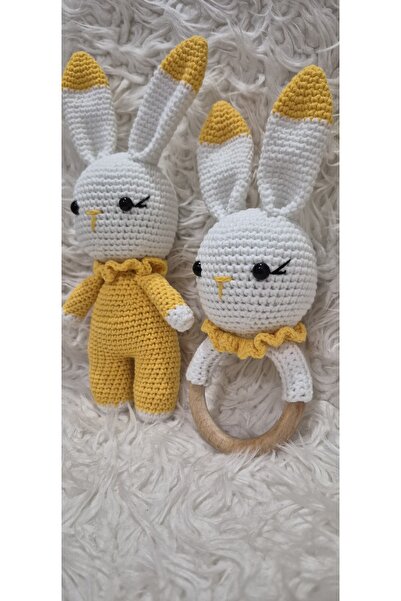 El Emeği Sevinli sarı tavşan ve çıngıraklı oyun arkadaşı örgü dogal hediyelik eşya