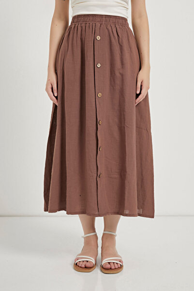 Arma Life Women's Buttoned Elastic Waist Summer Brown Long Skirt