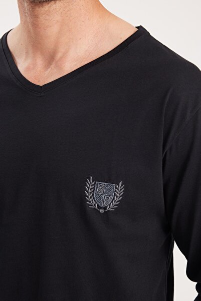 Tudors Erkek Standart Fit %100 Pamuk V Yaka Beli Lastikli Siyah Pijama Takımı