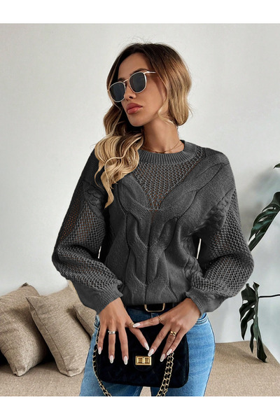 citystyle Γυναικείο πλεκτό πουλόβερ με διάτρητα μανίκια και λαιμόκοψη με διχτυωτό σχέδιο ανθρακί