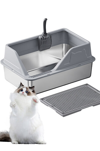 KidLe Stainless Steel Cat Litter Box Cat Litter Tray for Multiple Cats Anti Splashing and Easy Clean