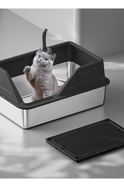 KidLe Stainless Steel Cat Litter Box Cat Litter Tray for Multiple Cats Anti Splashing and Easy Clean