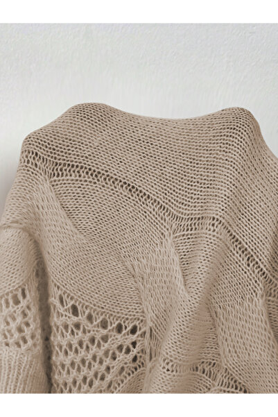 citystyle Γυναικείο πλεκτό πουλόβερ με διάτρητες μανίκια και διχτυωτό σχέδιο με λαιμόκοψη ποδηλατικού τύπου, πλεκτό με μαλλιά, βιζόν