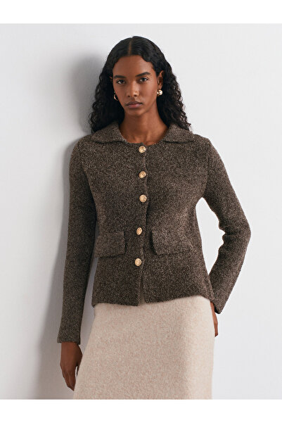 Dilvin 60265 Polo Neck Buttoned Pocket Detailed Knitwear Cardigan-Brown
