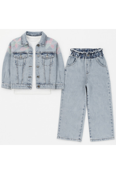 ibeeka Girl's Floral Daisy Applique Detailed Denim Jacket - Pants Bottom Top Set 2 Pieces