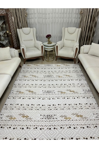 osmanlı home Pamuk,Yıkanabilir lastiksiz halı örtüsü yıkanabilir leke tutmaz krem kahve geometrik desen 6m2