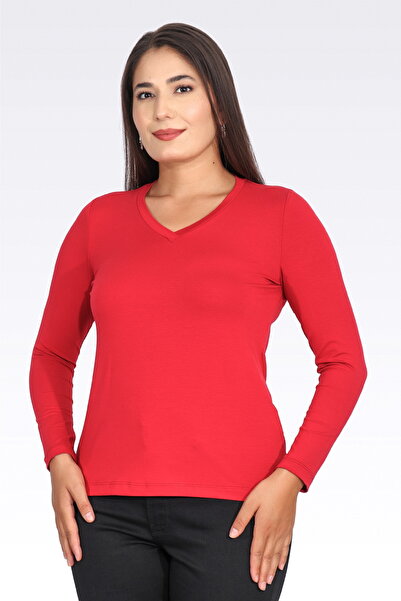 TOLGA SARAÇOĞLU 11105 Red V-Neck Long Sleeve Tshirt