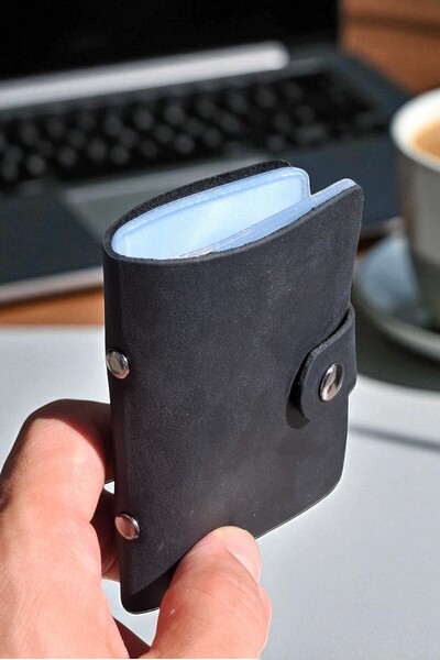 MAT Deri Black Card Holder Genuine Leather Transparent Inside 10 Compartments Small Card Holder Gift Business Card Holder 9 X 7 cm