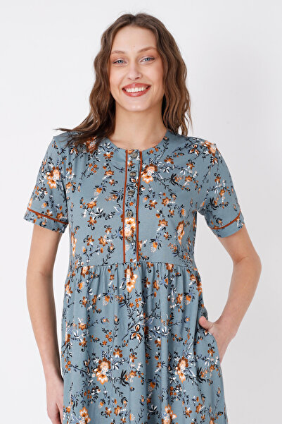 İntensive Desenli Biyeli Cepli Düğmeli Kısa Kollu Pamuklu Elbise