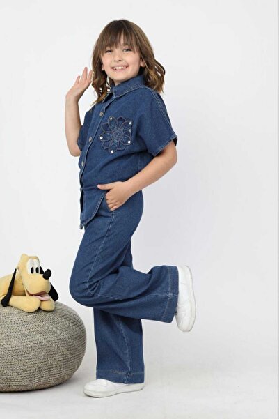 ibeeka Детски комплект от 2 части: блуза с детайли от апликации с маргаритки и дънки