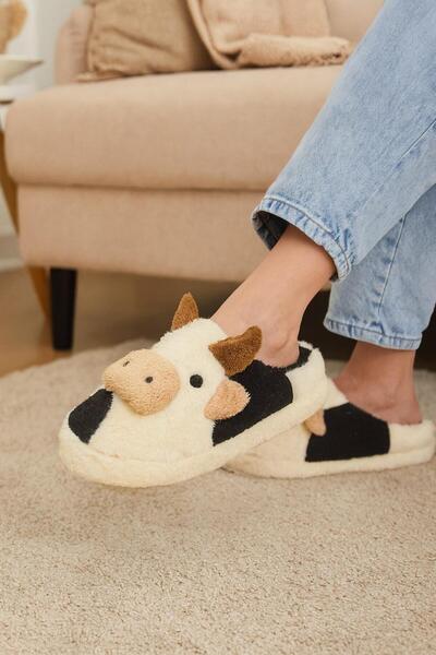 MODAONN İnek Figürlü Nakışlı | Kışlık Unisex Ev Terliği | Kaydırmaz Taban