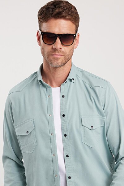 Tudors Erkek Regular Fit Rahat Kesim Çift Cepli Spor Yaka Denim Mint Gömlek