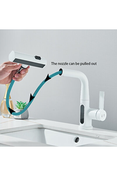 BisDesign Baterie chiuvetă baie/bucătărie, senzor dinamic de temperatură, duș extensibil, 3 funcții, alb, 30 cm