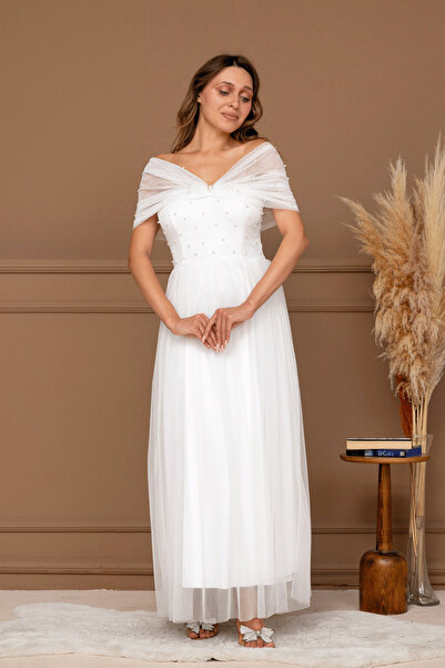 BEYBOS Tül Kumaş İnci Detaylı Midi Boy Elbise - BEYAZ