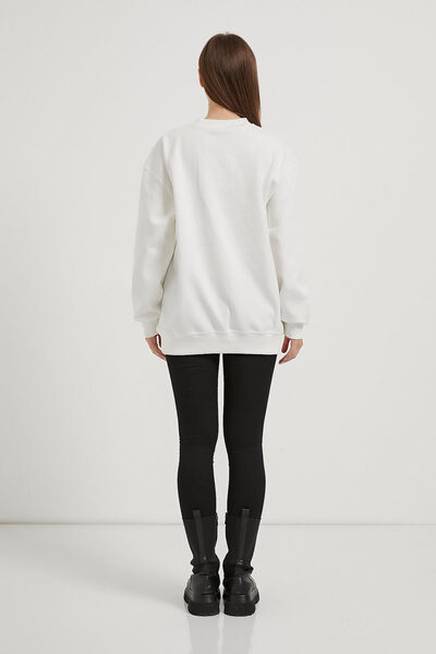 Arma Life Women's Patterned Crew Neck White Loose Sweatshirt