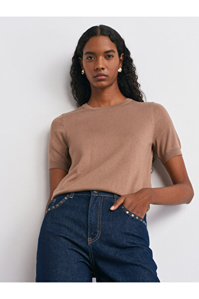 Dilvin 10779 Μπλούζα με κοντό μανίκι με λαιμόκοψη Basic Knitwear-Dark Mink