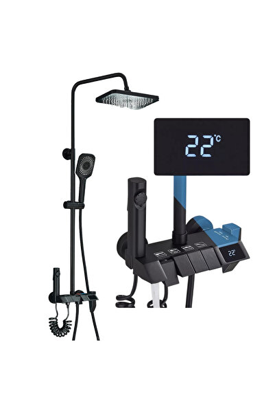 BisDesign Coloană de duș pentru baie, afișaj LCD, clapă tip pian, negru mat, efect de ploaie, 4 debite
