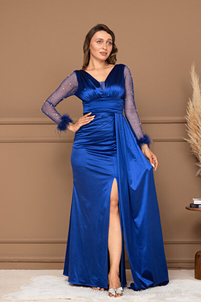BEYBOS Saten Kumaş Kolları Otrişli Boncuk Detaylı Balık Elbise - SAKS MAVİ