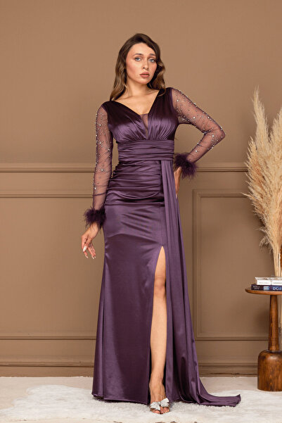 BEYBOS Saten Kumaş Kolları Otrişli Boncuk Detaylı Balık Elbise - LİLA