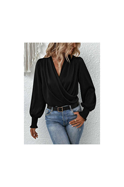 Butikcadde Long Sleeve Draped Double Breasted Collar Sleeve Tip Gimped Sandy Blouse