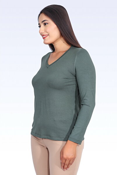 TOLGA SARAÇOĞLU 11105 Khaki V-Neck Long Sleeve T-Shirt