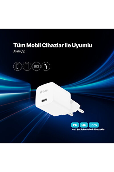 Ttec SmartCharger GAN 30W PD Seyahat Hızlı Şarj Aleti + USB-C - USB-C 3A Kablo 2SCG30CB