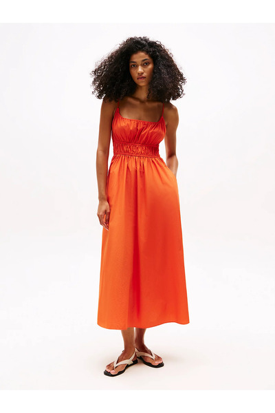 Tommy Hilfiger Kadın Pamuklu Fırfırlı Korse Detaylı Uzun Turuncu Elbise WW0WW45800-SCX