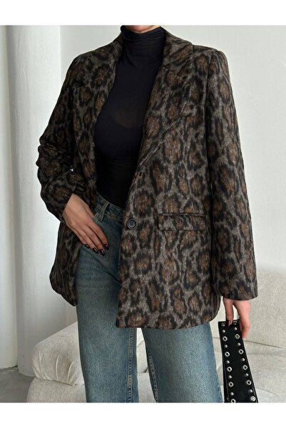 mass fashion Kadın Leopar Desenli Kaşe Kaban