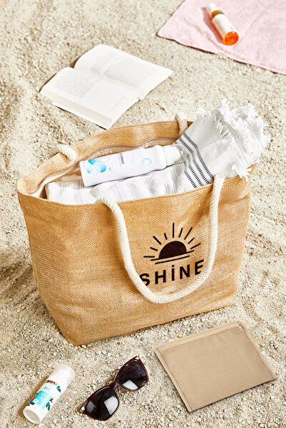 Serstil Women's Straw Beach Bag and Wallet Set - Summer Print Detailed Shoulder Bag 55 X 37 X 17 cm